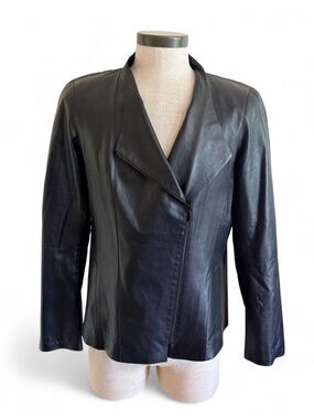 Lafayette 148 New York Leather Zip Jacket Perforated Black Women's Mid-Length 16